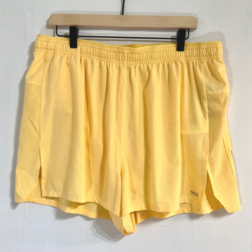 DSG Mens XL 3" Stride Short Solar Yellow Running Moisture Wicking Reflective NWT